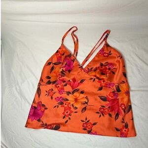 Victoria's Secret Orange Floral Satin Cami Top V-Neck Strappy XL